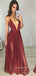 Simple Deep V Neck Backless Burgundy Chiffon Cheap Long Evening Prom Dresses, MR7205