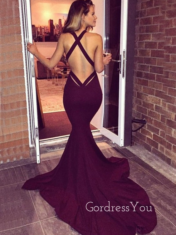 Sexy Deep V Neck Mermaid Burgundy Long Evening Prom Dresses, MR7206