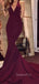 Sexy Deep V Neck Mermaid Burgundy Long Evening Prom Dresses, MR7206