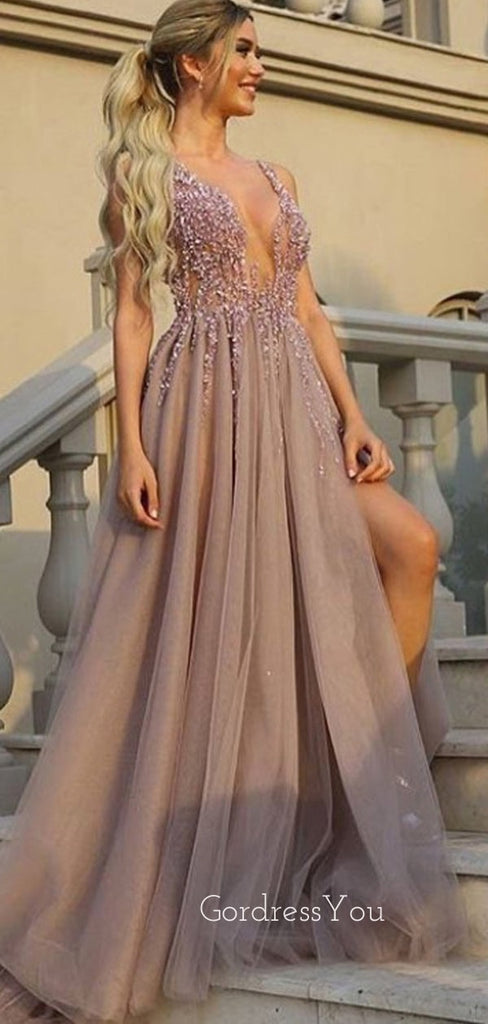 Deep V Neck Backless Beaded Long Evening Prom Dresses, Cheap Custom Prom Dresses, MR7207