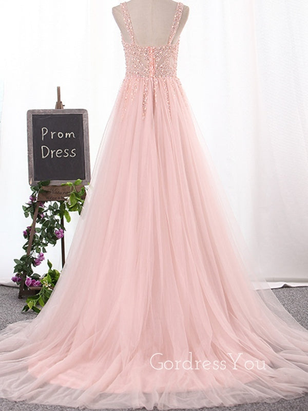 Deep V Neck Backless Beaded Long Evening Prom Dresses, Cheap Custom Prom Dresses, MR7207