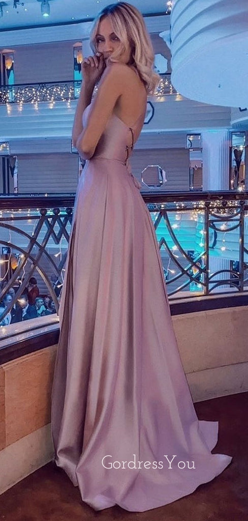 Sexy Backless Spaghetti Straps Side Slit Long Evening Prom Dresses, Cheap Custom Prom Dresses, MR7216