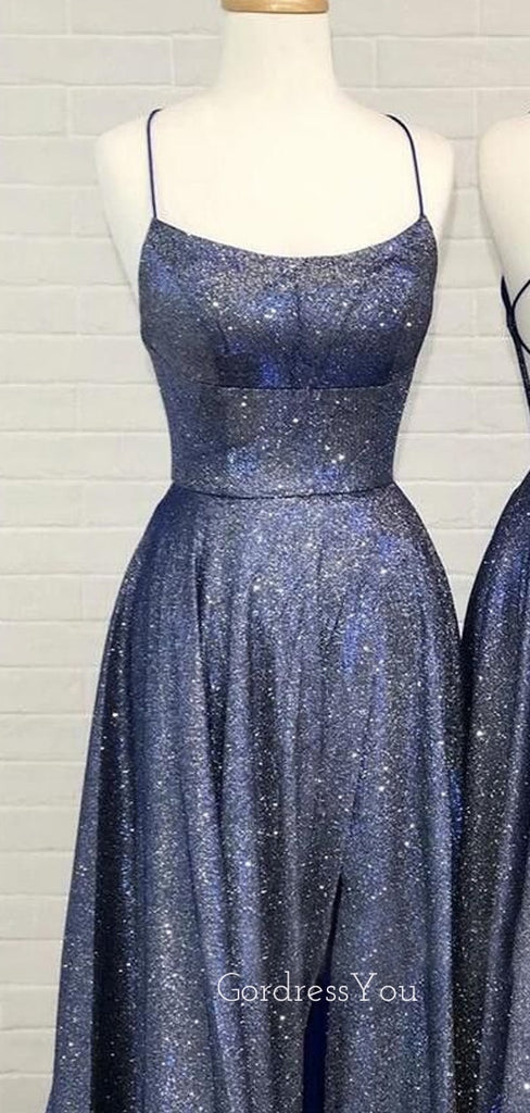 Sex A-Line Spaghetti Straps Sparkle Long Evening Prom Dresses, MR7218