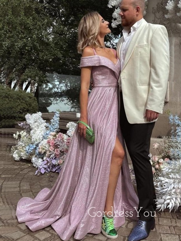 Dusty Purple Off Shoulder Sparkle A-Line Side Slit Long Evening Prom Dresses, MR7219