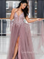 Dusty Purple V Neck Tulle Side Slit A-line Long Evening Prom Dresses, Cheap Prom Dress, MR7220