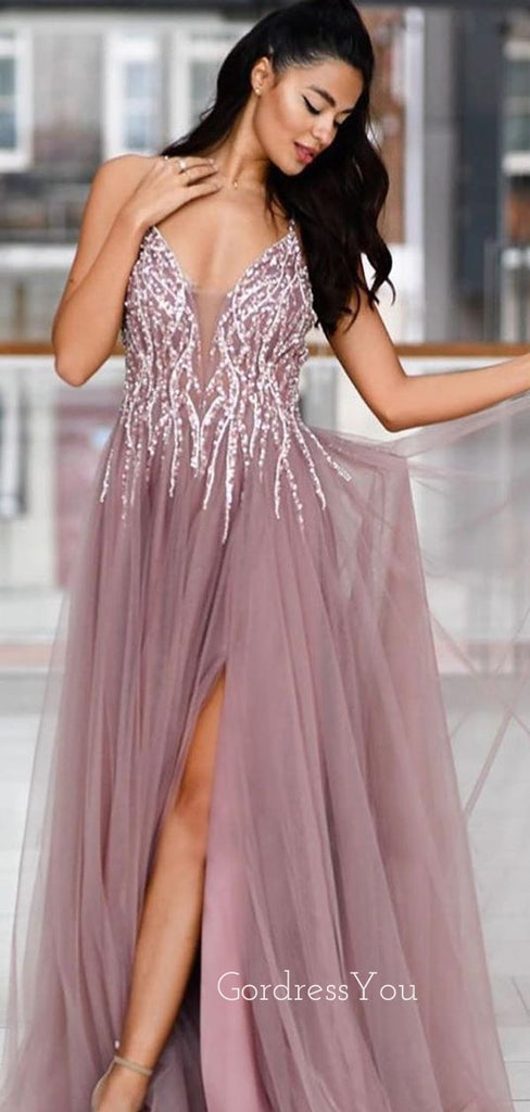 Dusty Purple V Neck Tulle Side Slit A-line Long Evening Prom Dresses, Cheap Prom Dress, MR7220