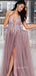 Dusty Purple V Neck Tulle Side Slit A-line Long Evening Prom Dresses, Cheap Prom Dress, MR7220