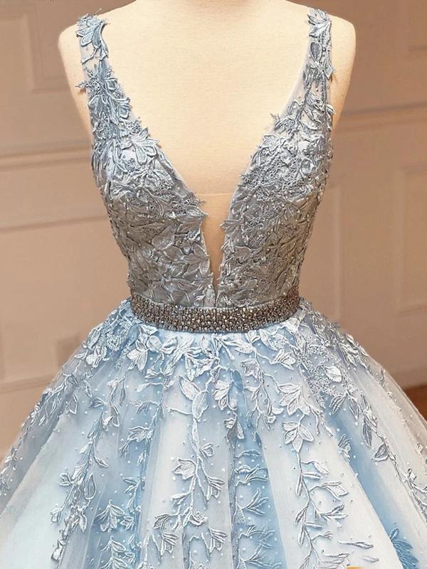 V Neck Tulle Floor Length A-line Blue Lace Long Evening Prom Dresses, Cheap Prom Dress, MR7222