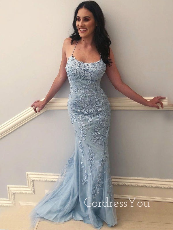 Sexy Mermaid Spaghetti Straps Dusty Blue Lace Long Evening Prom Dresses, MR7223