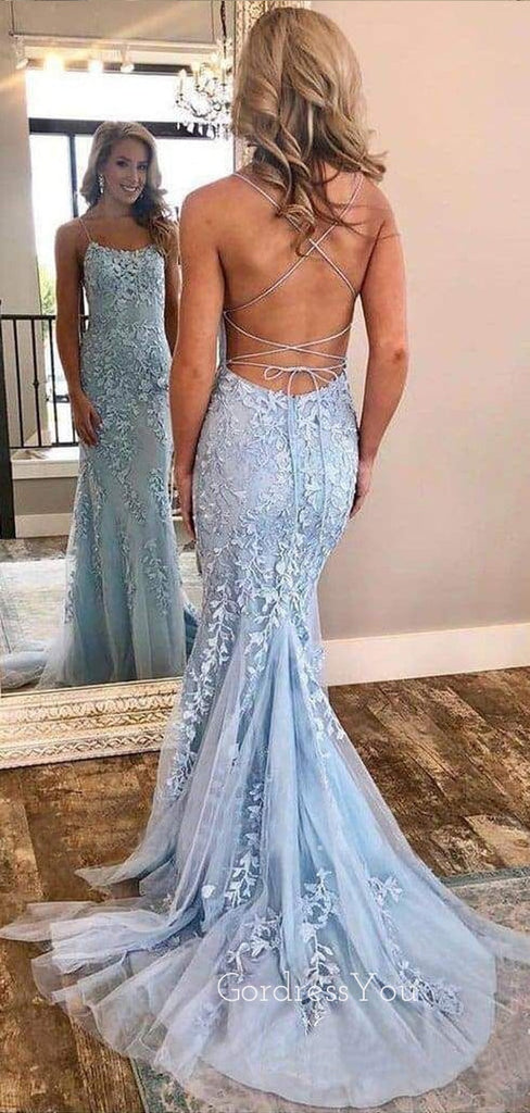 Sexy Mermaid Spaghetti Straps Dusty Blue Lace Long Evening Prom Dresses, MR7223