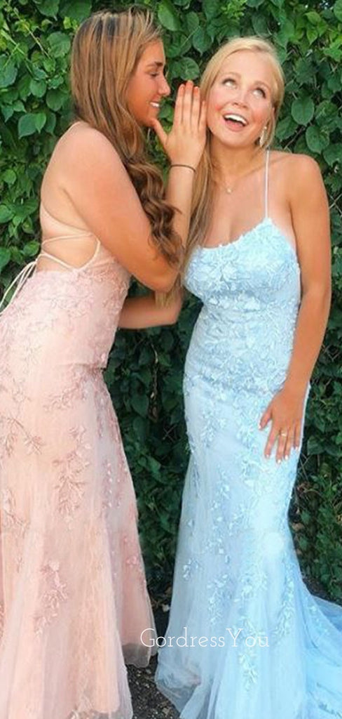 Sexy Mermaid Spaghetti Straps Dusty Blue Lace Long Evening Prom Dresses, MR7223