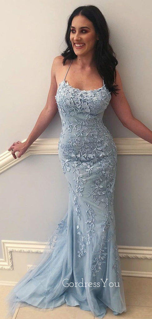 Sexy Mermaid Spaghetti Straps Dusty Blue Lace Long Evening Prom Dresses, MR7223