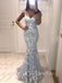 Dusty Blue Mermaid Spaghetti Straps Lace Long Evening Prom Dresses, MR7224