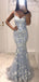 Dusty Blue Mermaid Spaghetti Straps Lace Long Evening Prom Dresses, MR7224