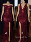 Sexy Burgundy Sequin Mermaid Long Evening Prom Dresses, Cheap Custom Prom Dresses, MR7226