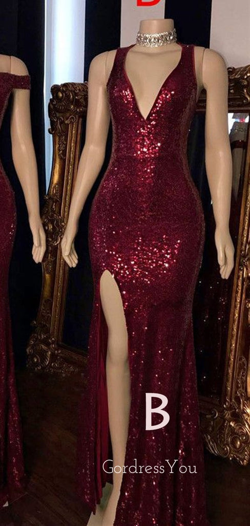 Sexy Burgundy Sequin Mermaid Long Evening Prom Dresses, Cheap Custom Prom Dresses, MR7226