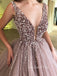 Dusty Purple Deep V Neck Sequin Long Evening Prom Dresses, Cheap Custom Prom Dresses, MR7229