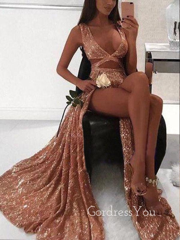 Rose Gold Sequin Sexy Side Slit Long Evening Prom Dresses, Cheap Custom Prom Dresses, MR7231