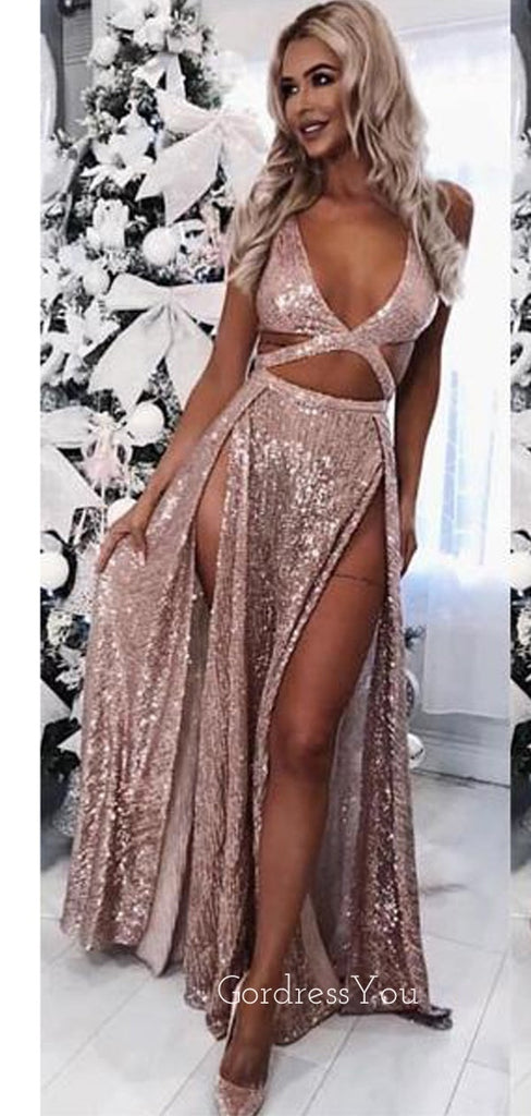 Rose Gold Sequin Sexy Side Slit Long Evening Prom Dresses, Cheap Custom Prom Dresses, MR7231