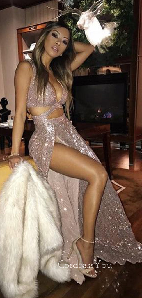 Rose Gold Sequin Sexy Side Slit Long Evening Prom Dresses, Cheap Custom Prom Dresses, MR7231