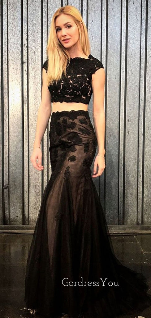 Two Pieces Mermaid Black Lace Long Evening Prom Dresses, Cheap Custom Prom dresses, MR7232