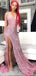 Pink Sequin Deep V Neck Side Slit Long Evening Prom Dresses, Cheap Custom Prom Dresses, MR7234