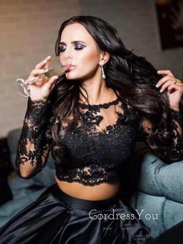 Black Long Sleeves Two Pieces Lace Satin Long Evening Prom Dresses, Long Custom Party prom dresses, MR7237