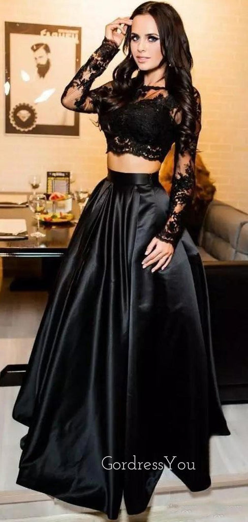 Black Long Sleeves Two Pieces Lace Satin Long Evening Prom Dresses, Long Custom Party prom dresses, MR7237