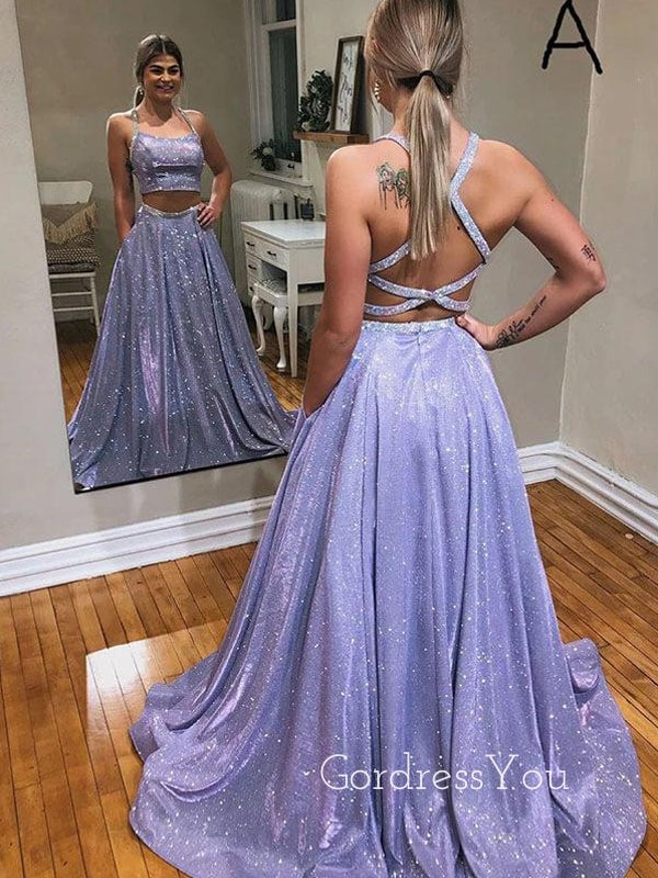 Sexy Backless Two Pieces Sparkle A-Line Long Evening Prom Dresses, MR7238