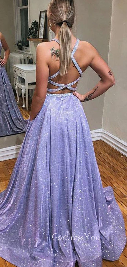 Sexy Backless Two Pieces Sparkle A-Line Long Evening Prom Dresses, MR7238