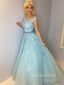 Blue Lace A-line Tulle Long Evening Prom Dresses, Evening Party Prom Dresses, MR7240