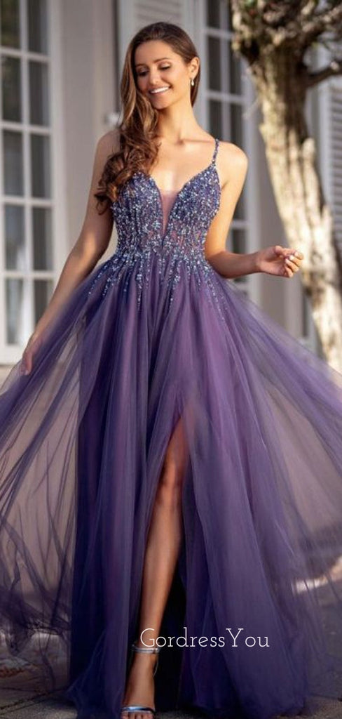 Deep V Neck Backless Purple Tulle Long Evening Prom Dresses, Cheap Tulle Sweet Dresses, MR7243