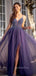 Deep V Neck Backless Purple Tulle Long Evening Prom Dresses, Cheap Tulle Sweet Dresses, MR7243