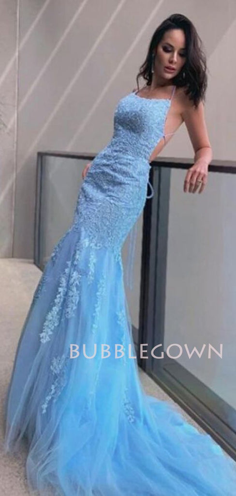 Spaghetti Straps Mermaid Lace backless Long Evening Prom Dresses, MR7268