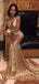 Sex Golden Deep V neck Spaghetti Atraps Mermaid Long Evening Prom Dresses, MR7249