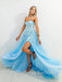 A-Line Tulle Side slit Blue Lace Long Evening Prom Dresses, Cheap Tulle Sweet Dresses, MR7256