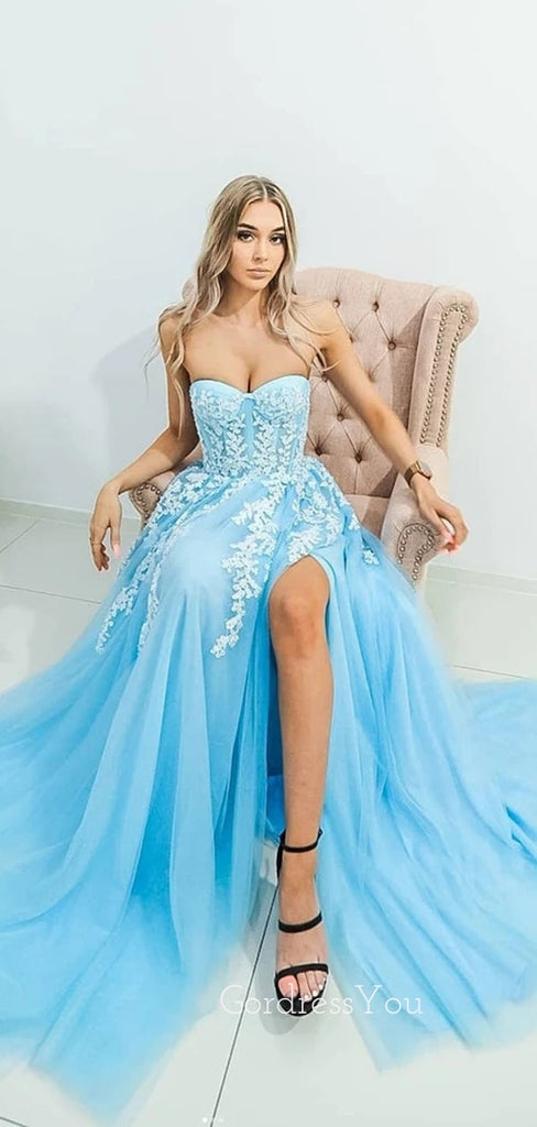 A-Line Tulle Side slit Blue Lace Long Evening Prom Dresses, Cheap Tulle Sweet Dresses, MR7256