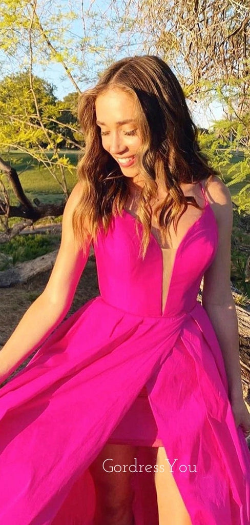 Sexy Backless A-Line Fuchsia Satin Side Slit Deep V Neck Long Evening Prom Dresses, MR7260