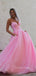 Spaghetti Straps A-Line Pink Backless Sparkly Long Evening Prom Dresses, MR7263