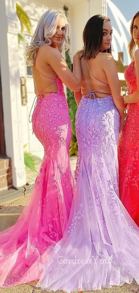 Spaghetti Straps Mermaid Lace backless Long Evening Prom Dresses, MR7268