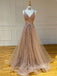 Champagne Lace V-neck Tulle A-line Long Evening Prom Dresses, MR7272