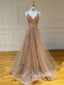 Champagne Lace V-neck Tulle A-line Long Evening Prom Dresses, MR7272