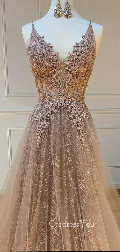 Champagne Lace V-neck Tulle A-line Long Evening Prom Dresses, MR7272