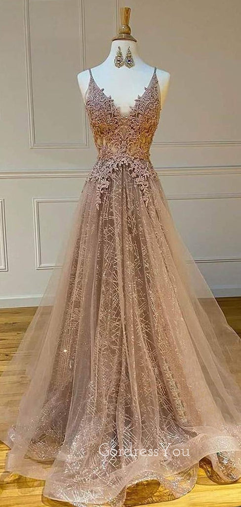 Champagne Lace V-neck Tulle A-line Long Evening Prom Dresses, MR7272