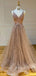 Champagne Lace V-neck Tulle A-line Long Evening Prom Dresses, MR7272