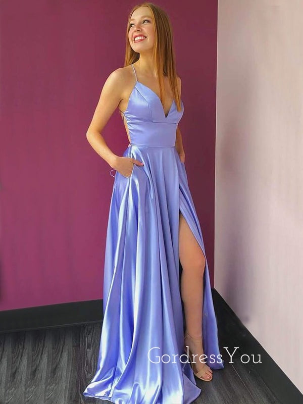 Blue Spaghetti Straps Side Slit  Backless Long Evening Prom Dresses, Cheap Custom Party Prom Dresses, MR7273