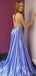 Blue Spaghetti Straps Side Slit  Backless Long Evening Prom Dresses, Cheap Custom Party Prom Dresses, MR7273