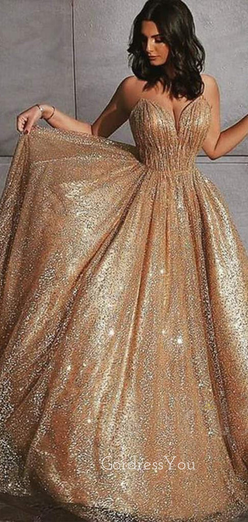 Golden Sequin Backless A-Line Long Evening Prom Dresses, Cheap Custom Sweet Prom dresses, MR7274