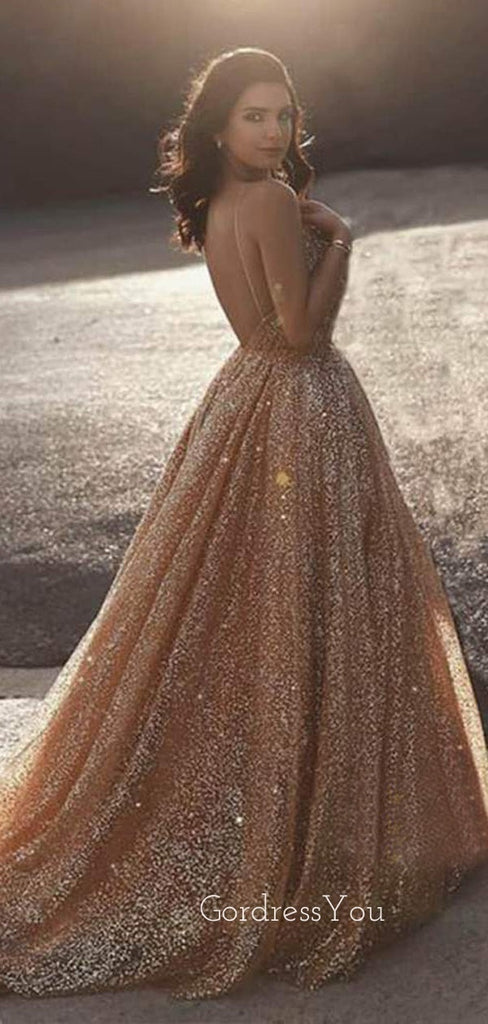 Golden Sequin Backless A-Line Long Evening Prom Dresses, Cheap Custom Sweet Prom dresses, MR7274