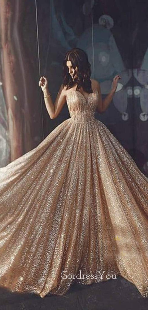 Golden Sequin Backless A-Line Long Evening Prom Dresses, Cheap Custom Sweet Prom dresses, MR7274